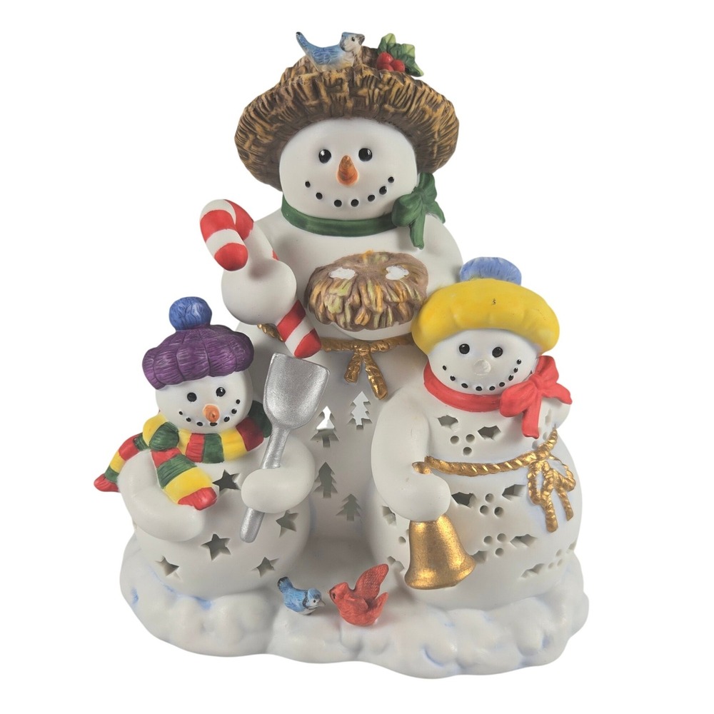 PartyLite Snowman Trio Tealight Candle Holder Christmas Ceramic Holiday Decor